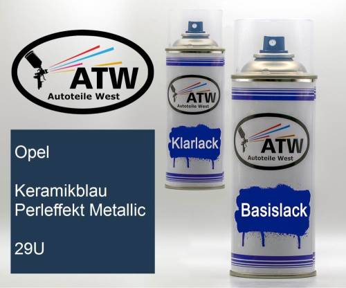 Opel, Keramikblau Perleffekt Metallic, 29U: 400ml Sprühdose + 400ml Klarlack - Set, von ATW Autoteile West.